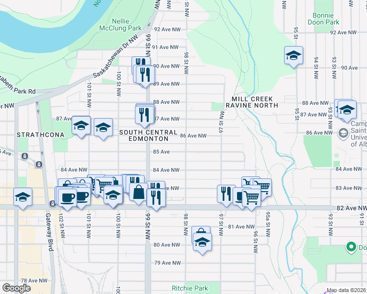 map of restaurants, bars, coffee shops, grocery stores, and more near 9757 86 Avenue Northwest in Edmonton