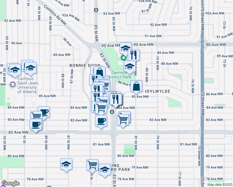 map of restaurants, bars, coffee shops, grocery stores, and more near 8515 83 Street Northwest in Edmonton