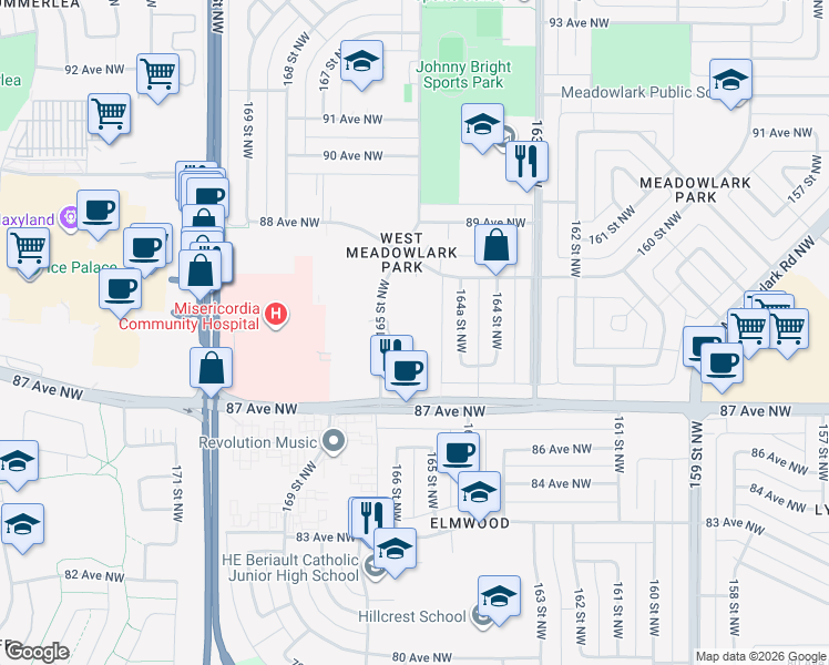 map of restaurants, bars, coffee shops, grocery stores, and more near 9 Meadowlark Village Northwest in Edmonton