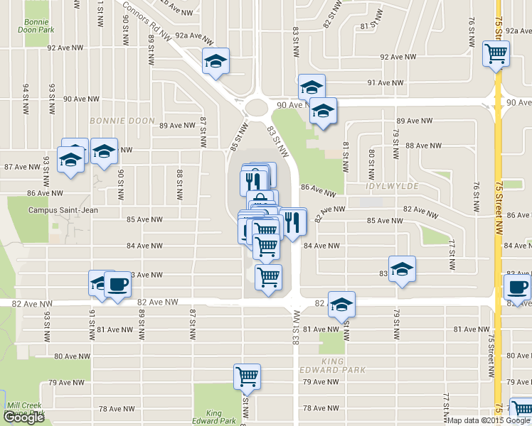 map of restaurants, bars, coffee shops, grocery stores, and more near 8540 83 Street Northwest in Edmonton
