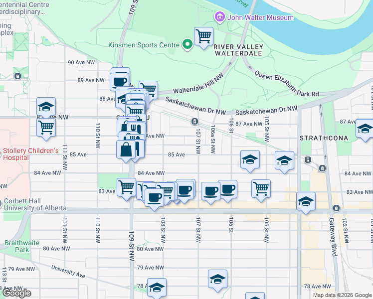 map of restaurants, bars, coffee shops, grocery stores, and more near in Edmonton