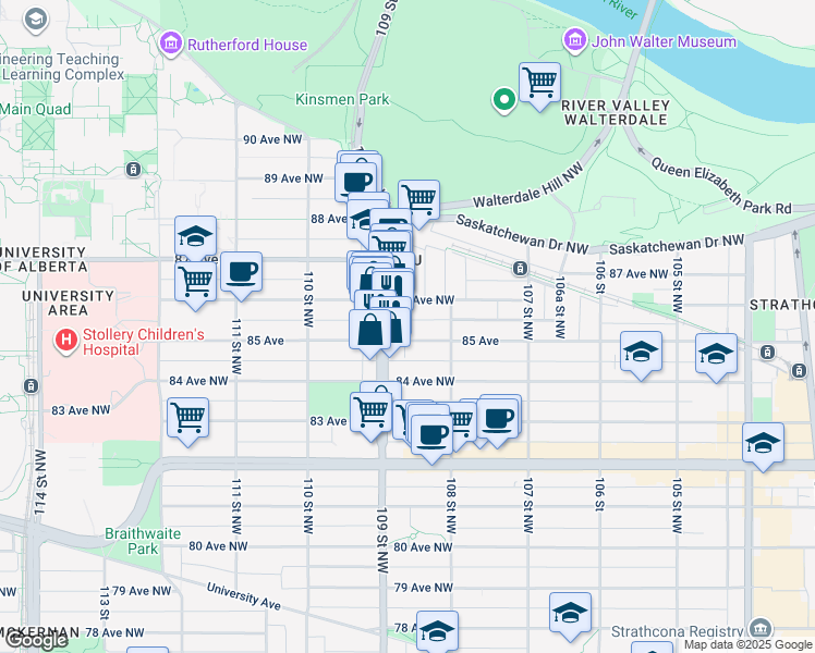 map of restaurants, bars, coffee shops, grocery stores, and more near 10844 85 Avenue Northwest in Edmonton