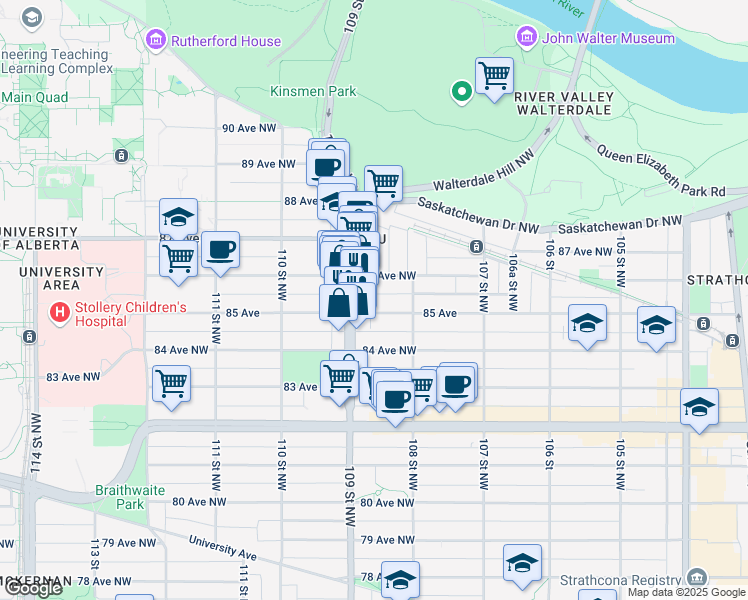 map of restaurants, bars, coffee shops, grocery stores, and more near 10844 85 Avenue Northwest in Edmonton
