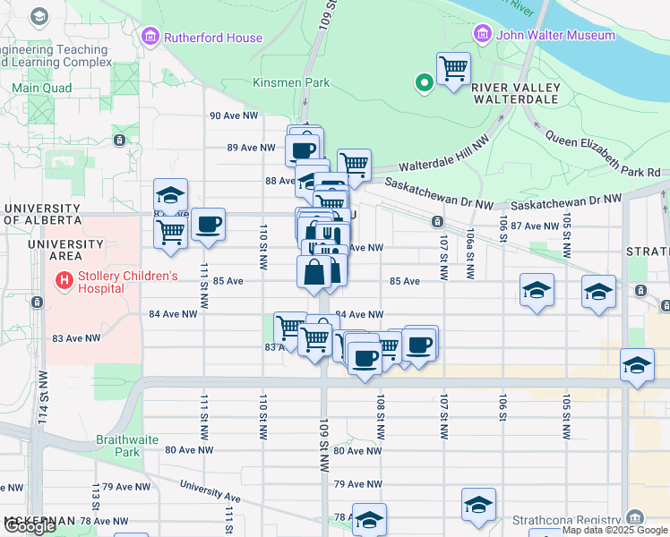 map of restaurants, bars, coffee shops, grocery stores, and more near 10844 85 Avenue Northwest in Edmonton