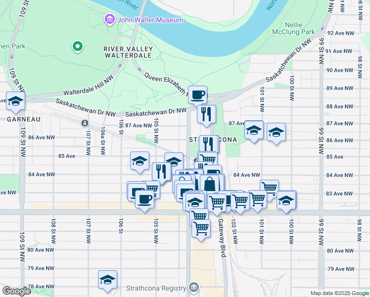 map of restaurants, bars, coffee shops, grocery stores, and more near 8514 104 Street Northwest in Edmonton