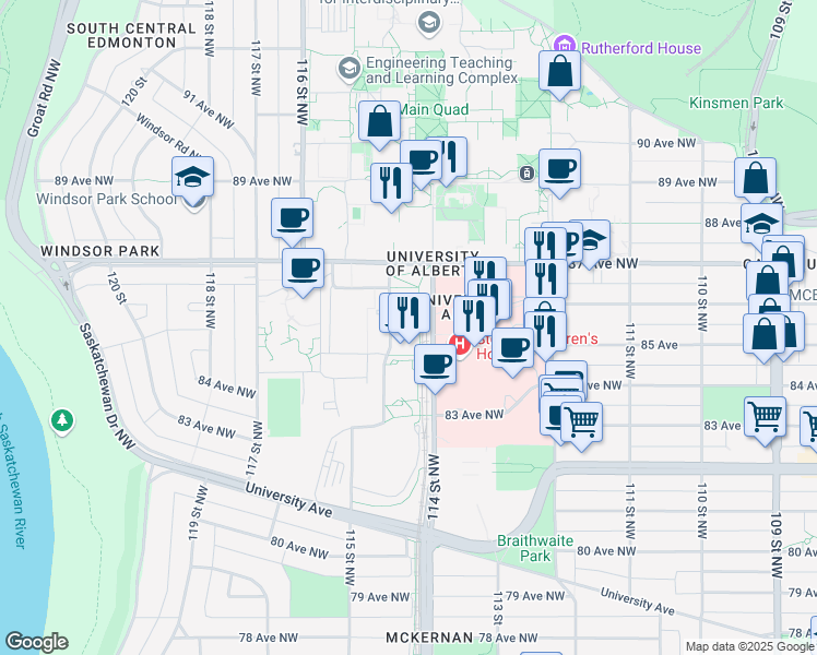 map of restaurants, bars, coffee shops, grocery stores, and more near 11405 87 Avenue Northwest in Edmonton