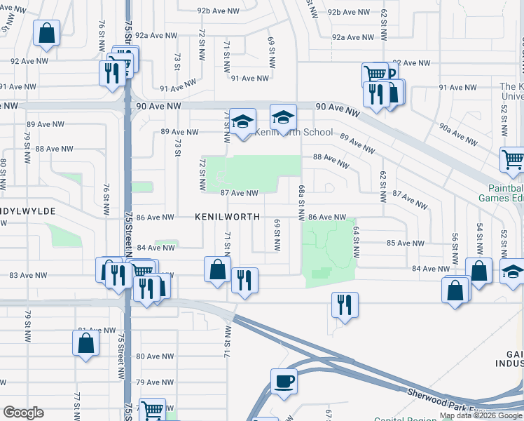 map of restaurants, bars, coffee shops, grocery stores, and more near 6916 86 Avenue Northwest in Edmonton