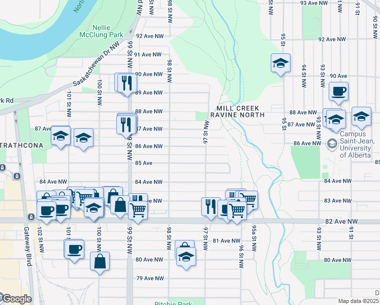 map of restaurants, bars, coffee shops, grocery stores, and more near 9725 86 Avenue Northwest in Edmonton