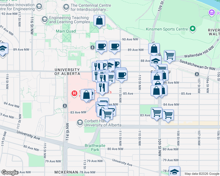map of restaurants, bars, coffee shops, grocery stores, and more near 11142 85 Avenue in Edmonton