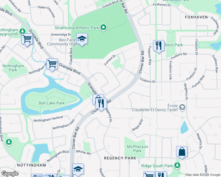 map of restaurants, bars, coffee shops, grocery stores, and more near 200 Forrest Drive in Sherwood Park