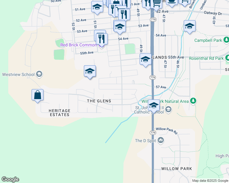 map of restaurants, bars, coffee shops, grocery stores, and more near 9 Glenview Crescent in Stony Plain