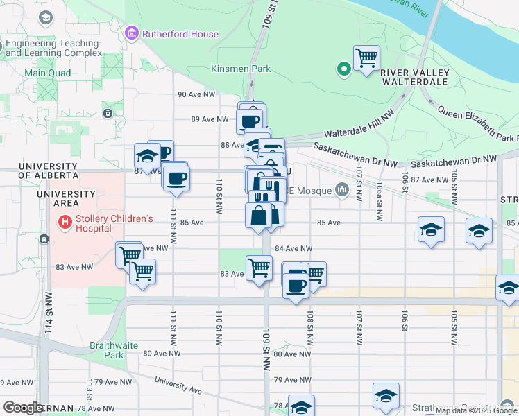 map of restaurants, bars, coffee shops, grocery stores, and more near 8526 109 Street Northwest in Edmonton