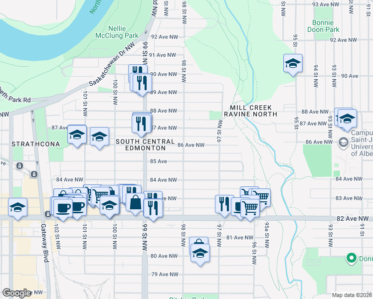 map of restaurants, bars, coffee shops, grocery stores, and more near 9757 86 Avenue Northwest in Edmonton