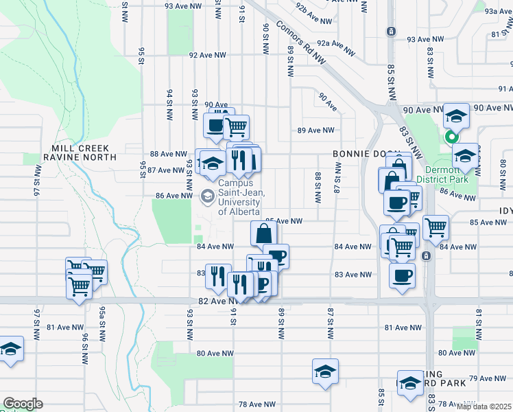 map of restaurants, bars, coffee shops, grocery stores, and more near 8518 90 Street Northwest in Edmonton