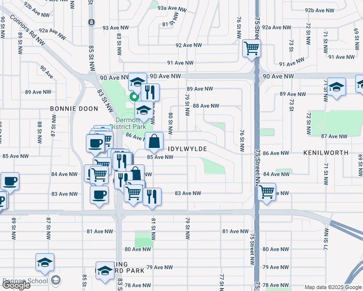 map of restaurants, bars, coffee shops, grocery stores, and more near in Edmonton