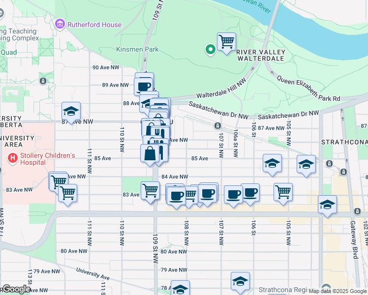 map of restaurants, bars, coffee shops, grocery stores, and more near 10801 86 Avenue Northwest in Edmonton