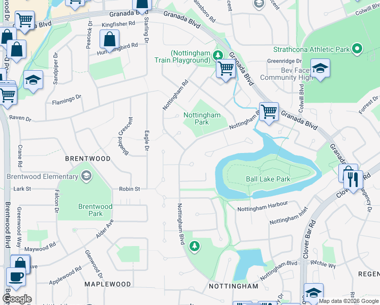 map of restaurants, bars, coffee shops, grocery stores, and more near 41 Nottingham Boulevard in Sherwood Park