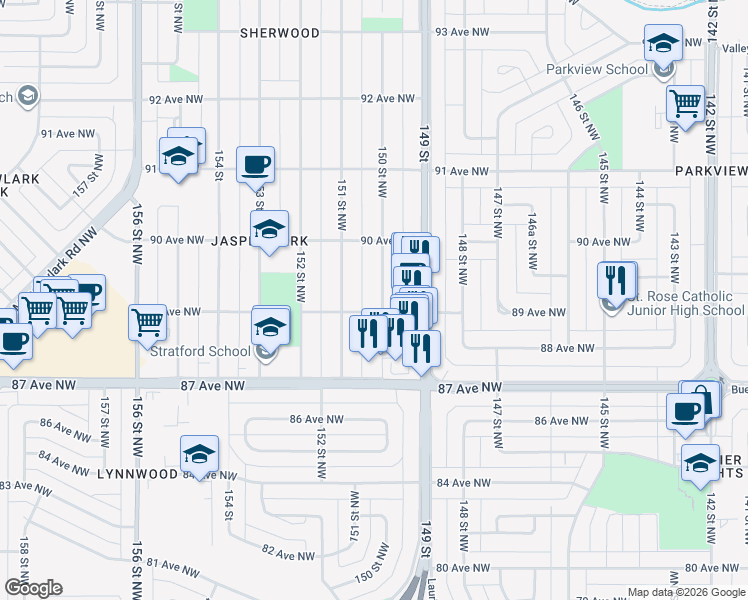 map of restaurants, bars, coffee shops, grocery stores, and more near 8904 150 Street Northwest in Edmonton