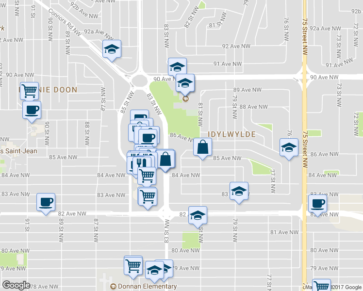 map of restaurants, bars, coffee shops, grocery stores, and more near 8515 83 Street Northwest in Edmonton