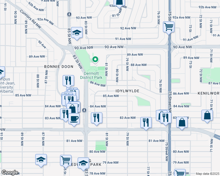 map of restaurants, bars, coffee shops, grocery stores, and more near 8019 86 Avenue Northwest in Edmonton