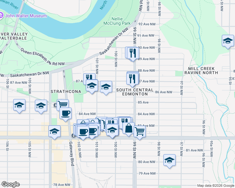map of restaurants, bars, coffee shops, grocery stores, and more near 9949 86 Avenue Northwest in Edmonton