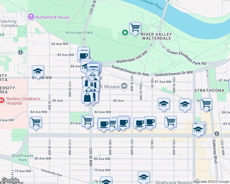 map of restaurants, bars, coffee shops, grocery stores, and more near in Edmonton