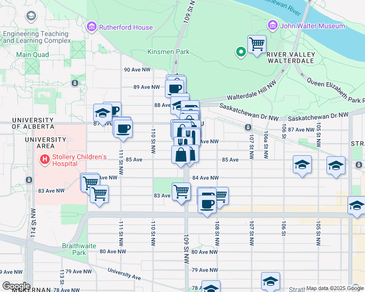 map of restaurants, bars, coffee shops, grocery stores, and more near 8526 109 Street Northwest in Edmonton