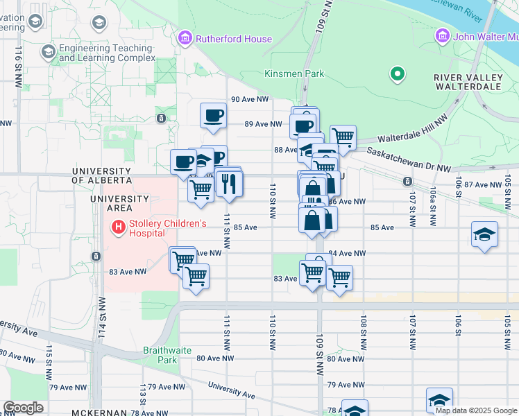 map of restaurants, bars, coffee shops, grocery stores, and more near in Edmonton