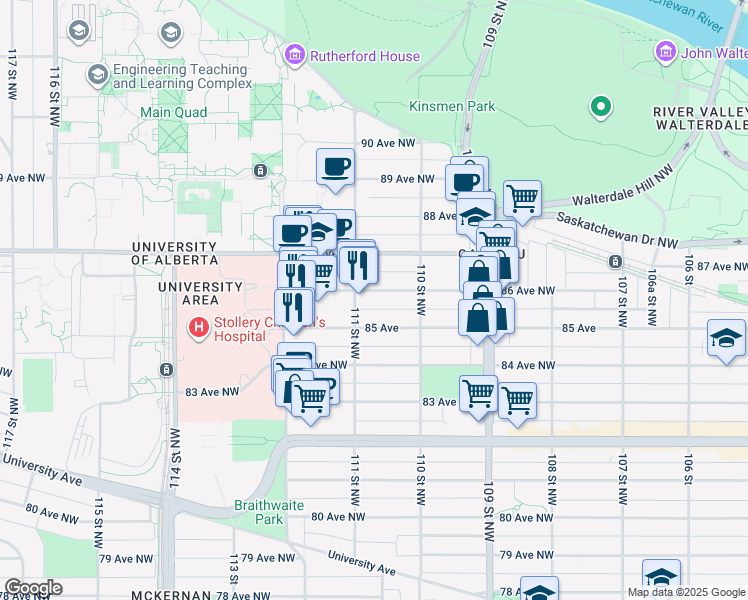 map of restaurants, bars, coffee shops, grocery stores, and more near 11039 86 Avenue Northwest in Edmonton