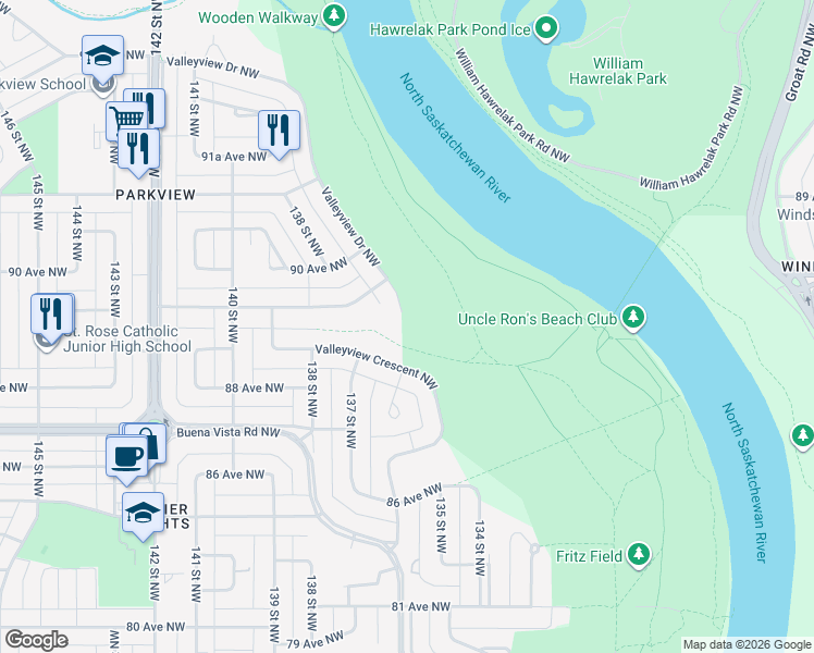 map of restaurants, bars, coffee shops, grocery stores, and more near 8 Valleyview Point Northwest in Edmonton
