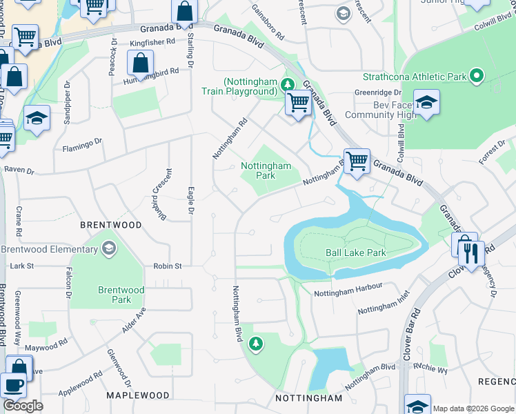 map of restaurants, bars, coffee shops, grocery stores, and more near 41 Nottingham Boulevard in Sherwood Park
