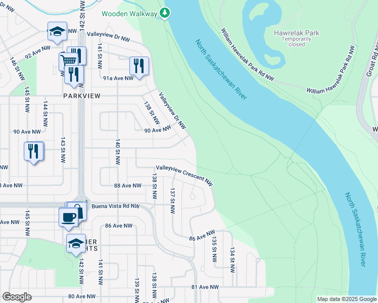 map of restaurants, bars, coffee shops, grocery stores, and more near 12 Valleyview Point Northwest in Edmonton