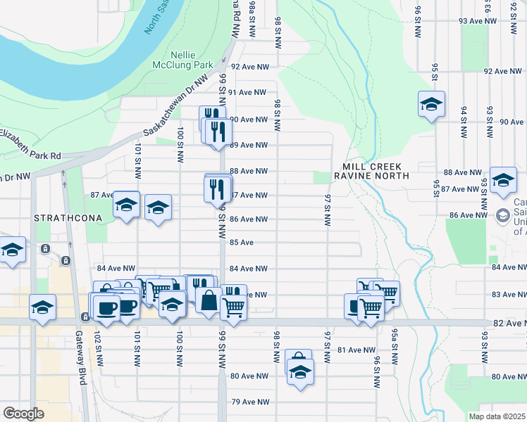 map of restaurants, bars, coffee shops, grocery stores, and more near 9814 86 Avenue in Edmonton