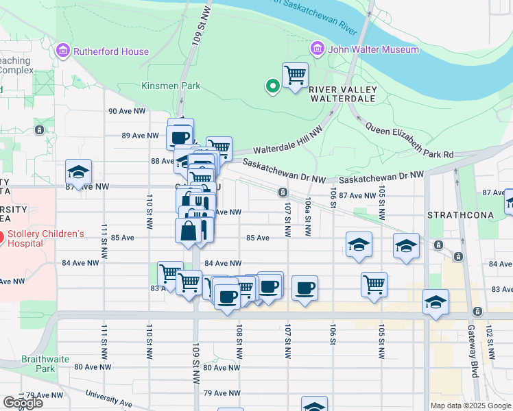 map of restaurants, bars, coffee shops, grocery stores, and more near in Edmonton