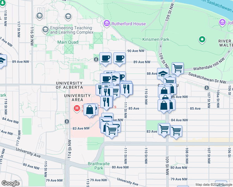 map of restaurants, bars, coffee shops, grocery stores, and more near 8510 111 Street Northwest in Edmonton