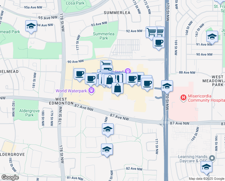 map of restaurants, bars, coffee shops, grocery stores, and more near 8882 170 Street Northwest in Edmonton