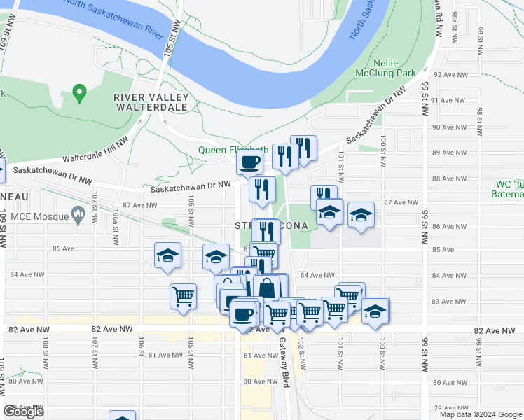 map of restaurants, bars, coffee shops, grocery stores, and more near 8728 Gateway Boulevard Northwest in Edmonton