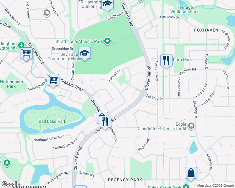 map of restaurants, bars, coffee shops, grocery stores, and more near 264 Forrest Drive in Sherwood Park