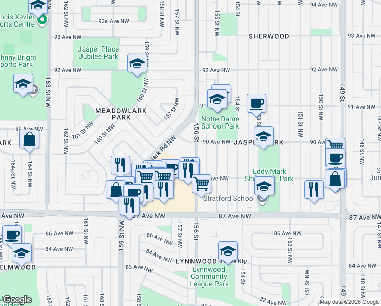 map of restaurants, bars, coffee shops, grocery stores, and more near in Edmonton