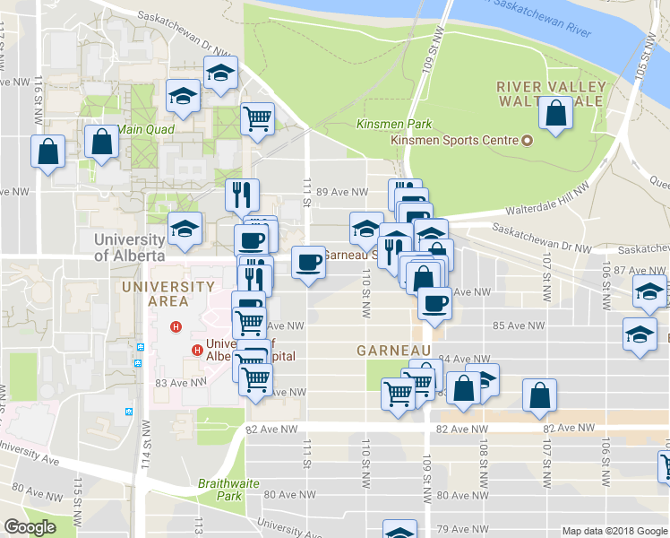 map of restaurants, bars, coffee shops, grocery stores, and more near 11036 87 Avenue Northwest in Edmonton