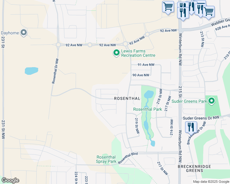 map of restaurants, bars, coffee shops, grocery stores, and more near 22128 89 Avenue Northwest in Edmonton