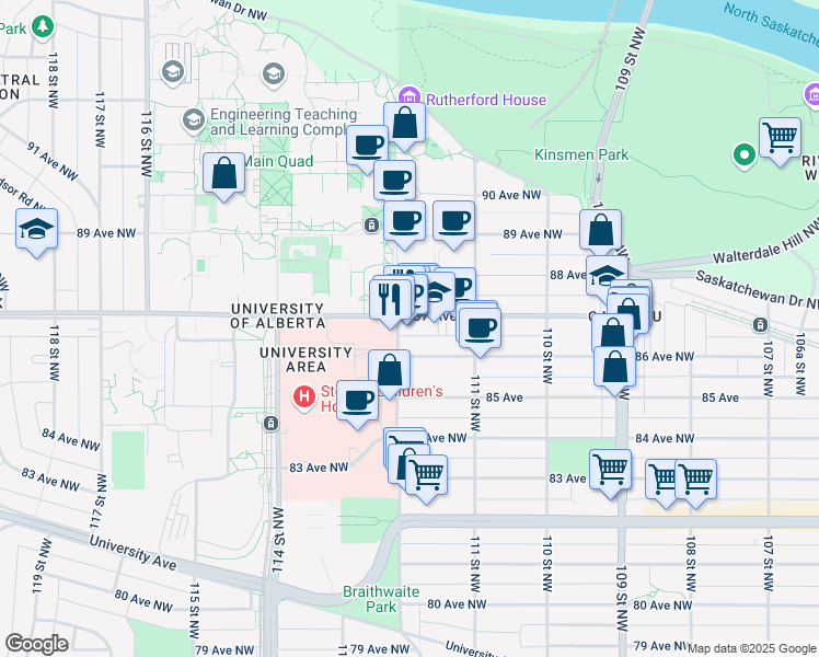 map of restaurants, bars, coffee shops, grocery stores, and more near 11147 87 Avenue Northwest in Edmonton