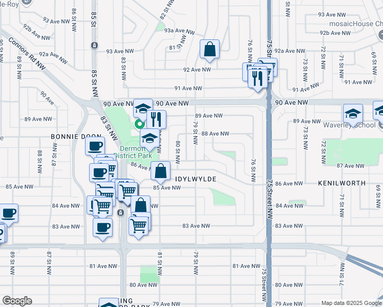 map of restaurants, bars, coffee shops, grocery stores, and more near 8620 79 Street Northwest in Edmonton