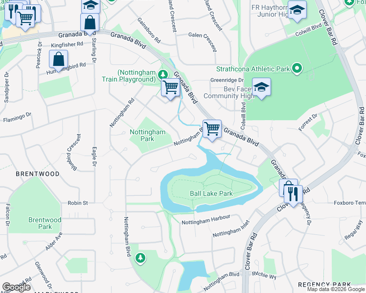 map of restaurants, bars, coffee shops, grocery stores, and more near 3 Nottingham Boulevard in Sherwood Park