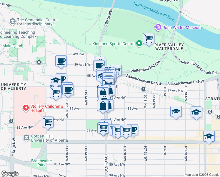 map of restaurants, bars, coffee shops, grocery stores, and more near 8612-8650 108A Street Northwest in Edmonton