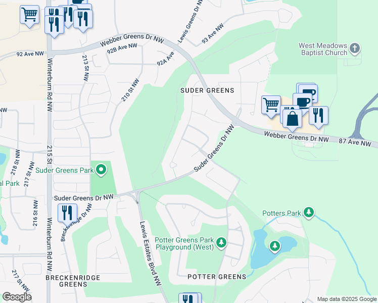 map of restaurants, bars, coffee shops, grocery stores, and more near 8716 207 Street Northwest in Edmonton