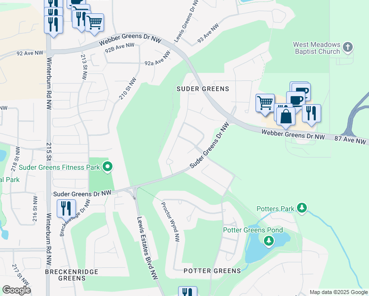 map of restaurants, bars, coffee shops, grocery stores, and more near 8716 207 Street Northwest in Edmonton