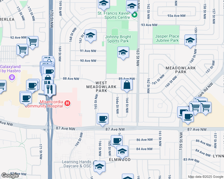map of restaurants, bars, coffee shops, grocery stores, and more near 23 Meadowlark Village Northwest in Edmonton