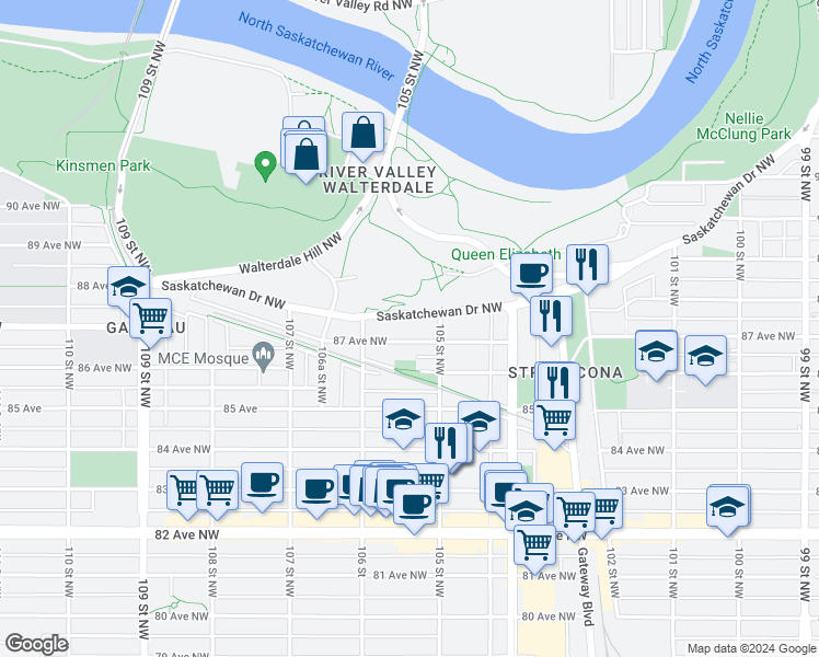 map of restaurants, bars, coffee shops, grocery stores, and more near 10521 Saskatchewan Drive Northwest in Edmonton