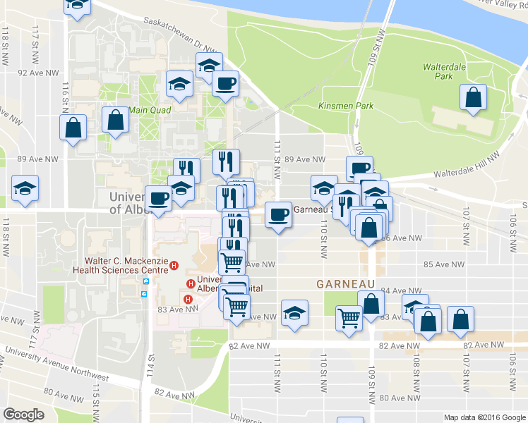 map of restaurants, bars, coffee shops, grocery stores, and more near 11147 87 Avenue Northwest in Edmonton